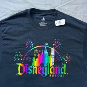DISNEYLAND T Shirt Size Large Black Rainbow Castle Fireworks Graphic Tee Pride